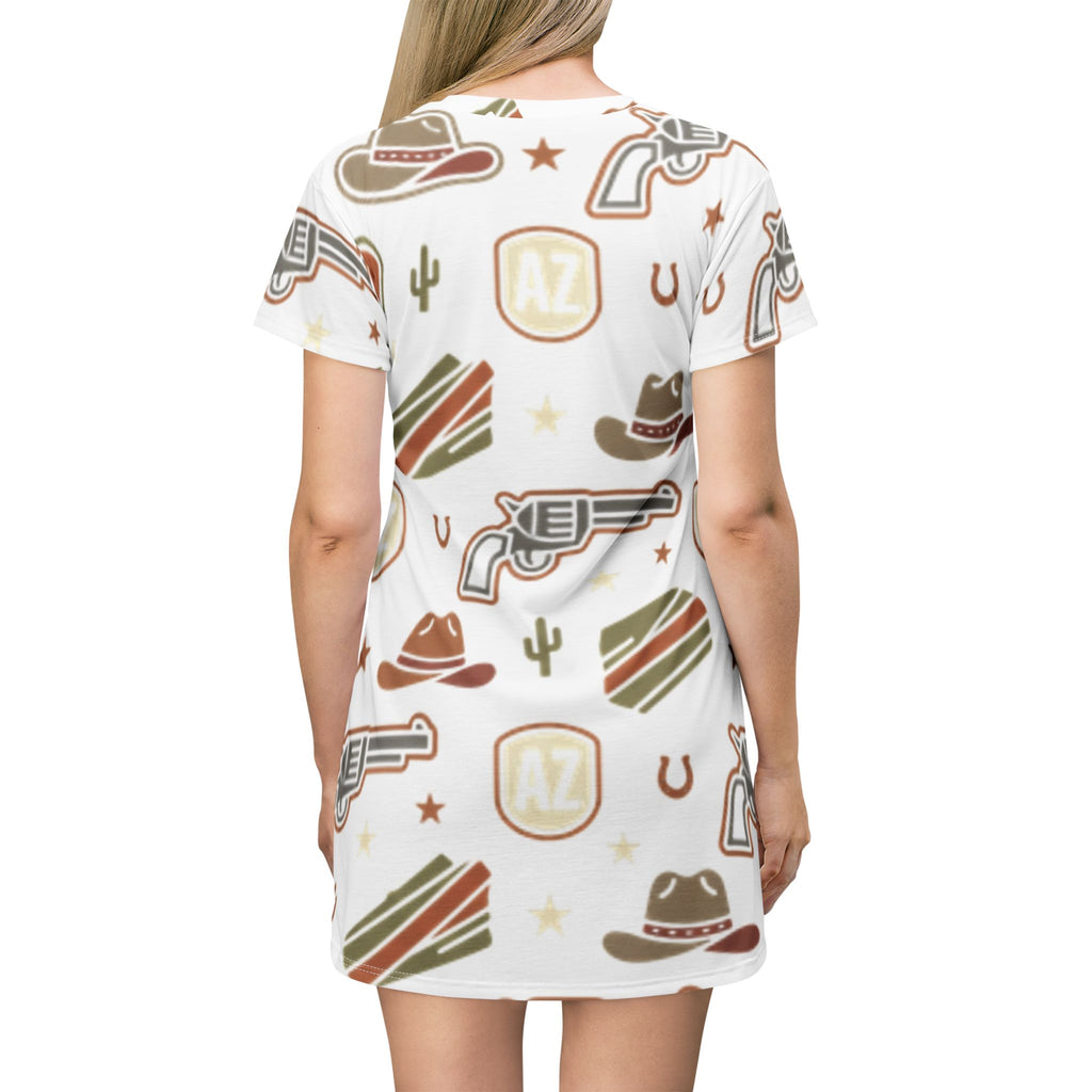 Western Arizona Pattern T-Shirt Dress — Cowboy Hat, Revolver & State Icon All-Over Print