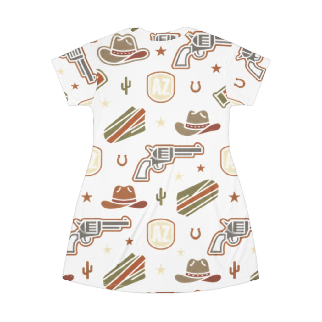 Western Arizona Pattern T-Shirt Dress — Cowboy Hat, Revolver & State Icon All-Over Print