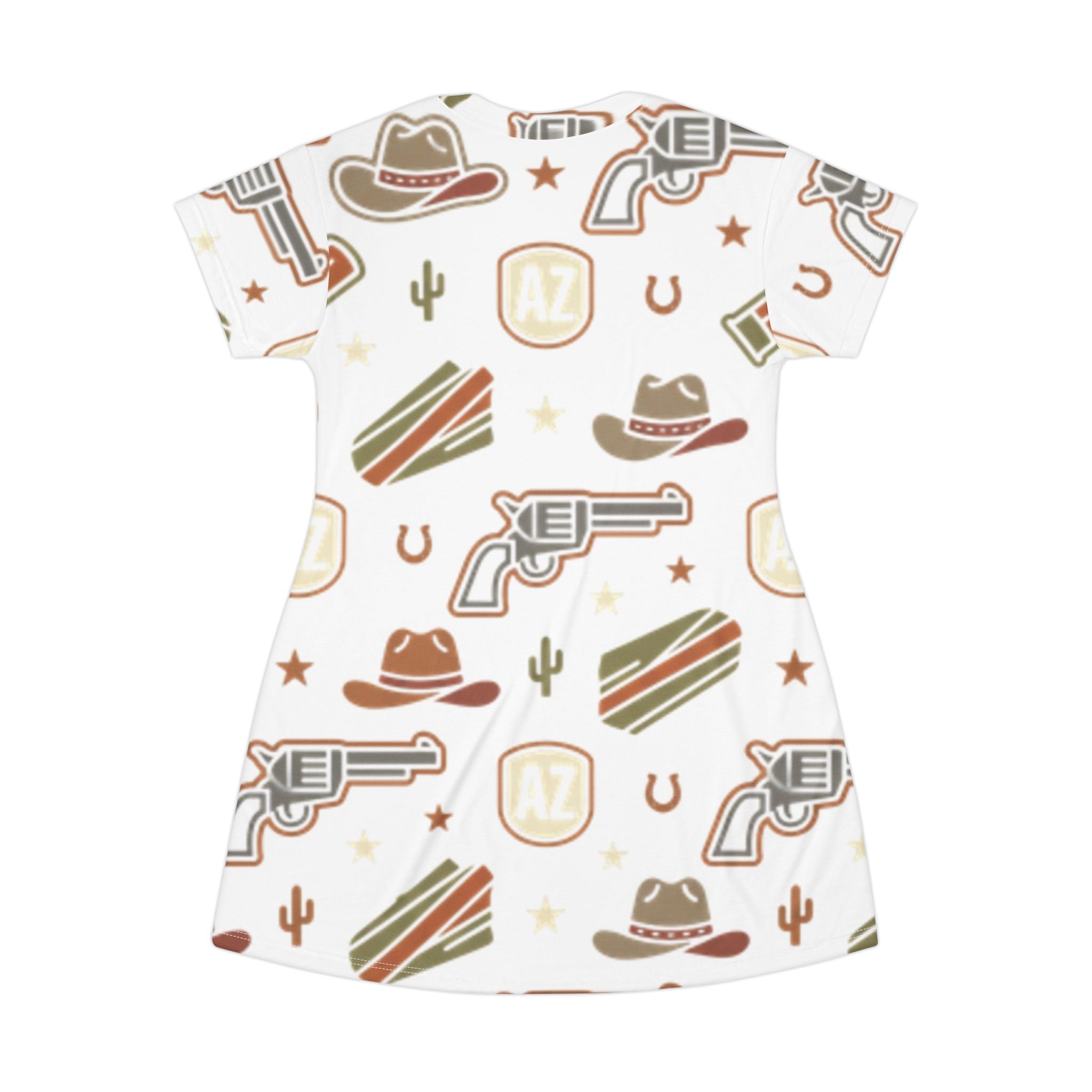 Western Arizona Pattern T-Shirt Dress — Cowboy Hat, Revolver & State Icon All-Over Print