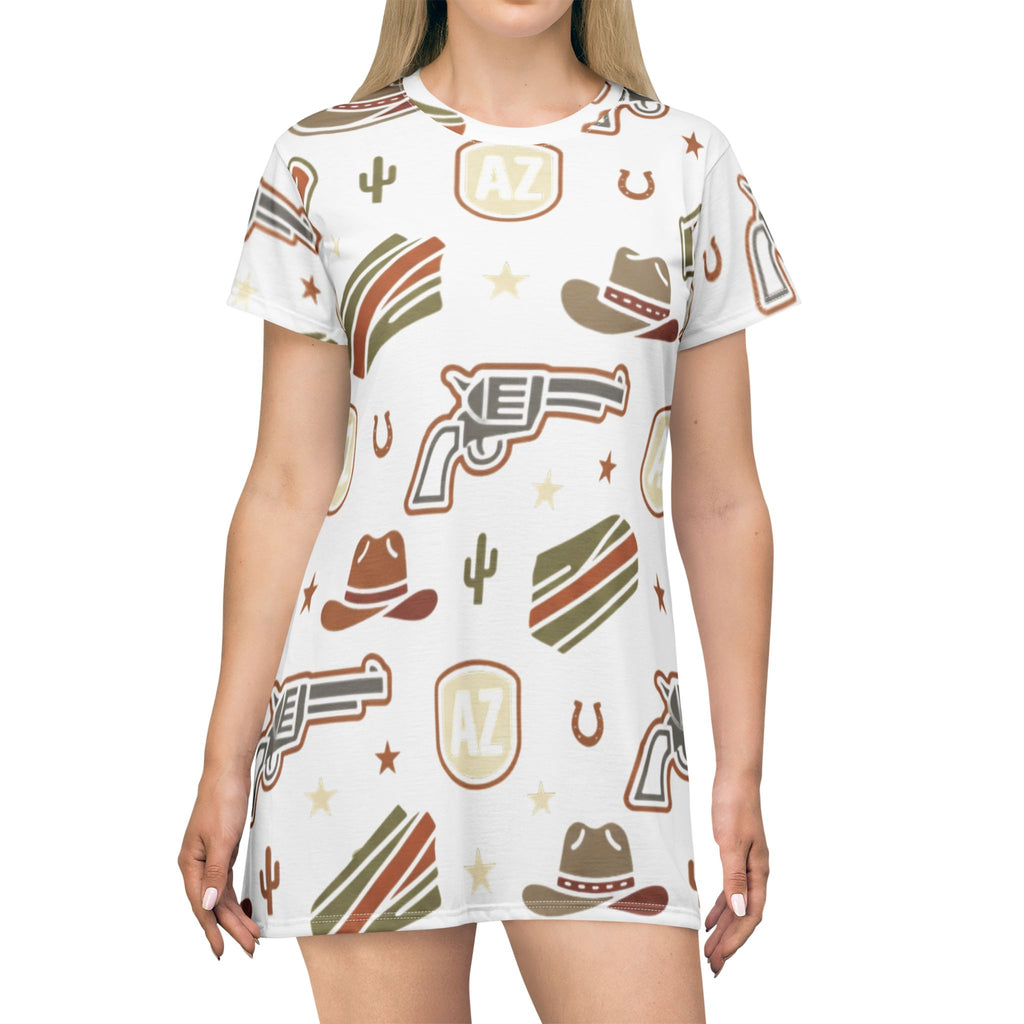 Western Arizona Pattern T-Shirt Dress — Cowboy Hat, Revolver & State Icon All-Over Print