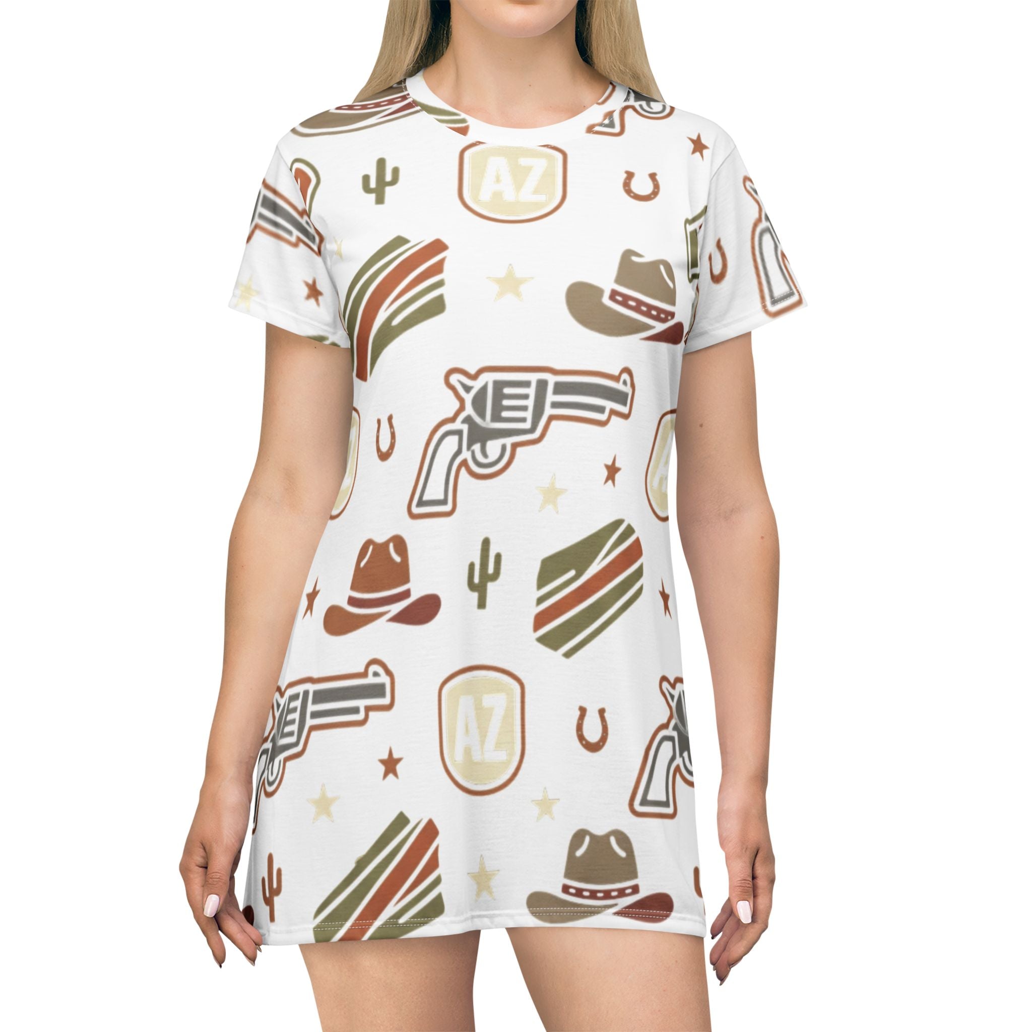 Western Arizona Pattern T-Shirt Dress — Cowboy Hat, Revolver & State Icon All-Over Print