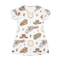 Western Arizona Pattern T-Shirt Dress — Cowboy Hat, Revolver & State Icon All-Over Print